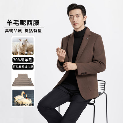 Men's Business Casual Suit Jacket Autumn and Winter Classy Thickeneded Removable down Double-Sided Woolen Outwear