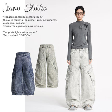 Jiamu American Baggy Silhouette Scimitar Unisex Cargo Pants Casual Pants for Men and Women Loose Wide-Leg Multi-Pocket Pleated