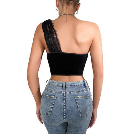 European and American Style Black Lace One-Shoulder Sheer Velvet Sexy Corset Waist-Slimming Tank Top for Women