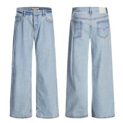 11Kn American Retro Washed Jeans for Men and Women, Loose Straight Wide-Leg Pants, Slimming Trendy Light Blue Casual Long Pants