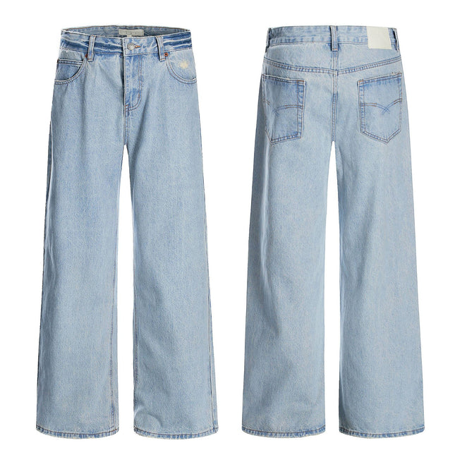 11Kn American Retro Washed Jeans for Men and Women, Loose Straight Wide-Leg Pants, Slimming Trendy Light Blue Casual Long Pants