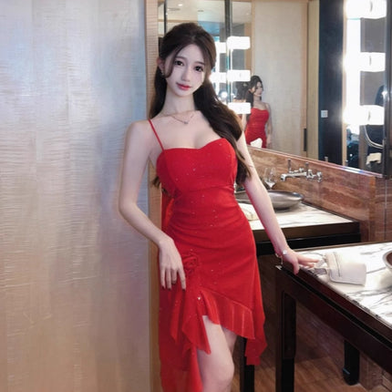 in stock 8966 Sexy Mesh Sling dress Nightclub Night Foot Bath Massage Technician Work Overalls Long Dress