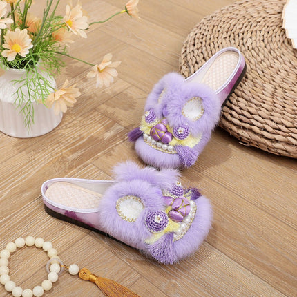 Tiger Head Shoes Women's Adult Spring and Summer Soft Sole Home Outfit Retro Purple Baotou Half Slippers Intangible Handmade Embroidered Shoes