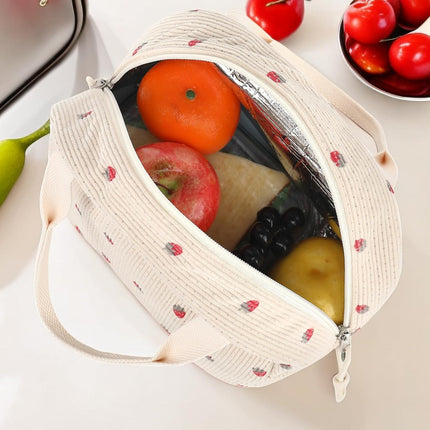 Cross-Border New Product Corduroy Printed Portable Lunch Bag Large Capacity Fresh-Keeping Lunch Bag Suitable for Outdoor Camping