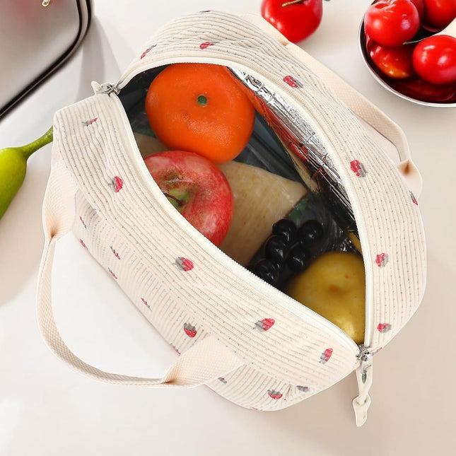 Cross-Border New Product Corduroy Printed Portable Lunch Bag Large Capacity Fresh-Keeping Lunch Bag Suitable for Outdoor Camping