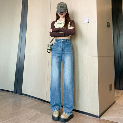 Narrow Wide-Leg Jeans for Women 2025 Autumn and Winter New Wide Elastic High-Waist Petite Draped Fleece-Lined Straight Floor-Length Pants