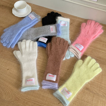 Ins blogger with rabbit fur long gloves color matching knitted finger can play mobile phone cloth label fashion ladies gloves