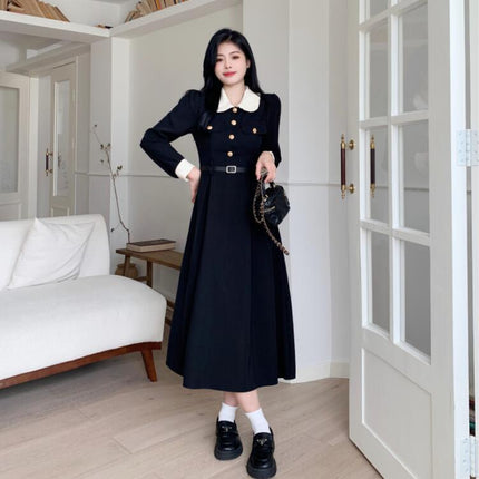 Plus size Hepburn holiday niche temperament slimming French lapel black dress tight waist color matching retro dress women