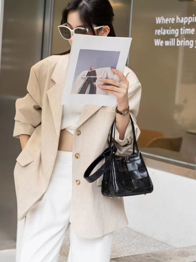 Summer textured leather woven bucket bag fashionable fashionable wings closed-toe layer cowhide mini women's bag underarm bag