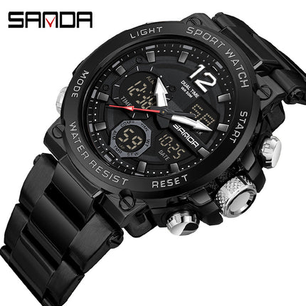 Sanda foreign trade best selling electronic watch fashion business steel band luminous wrist watch multi-functional dual display men's watch wholesale