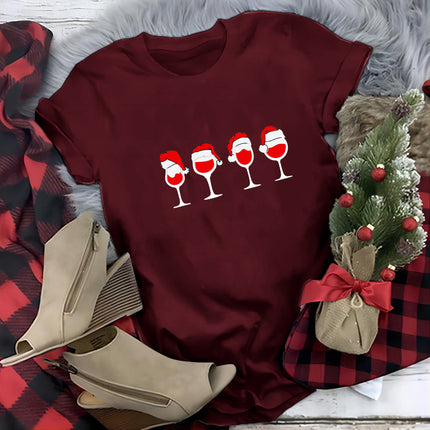 Women Casual Fun Crew Neck Tees Christmas t Shirt Red Wine g