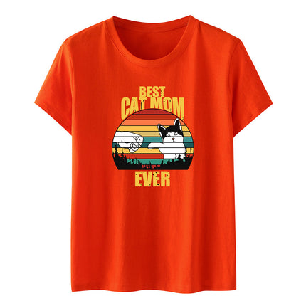 Amazon Summer Best Cat Mom even Mother's Day Fist Cat Letter Printed Casual Short-sleeved T-shirt Women