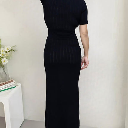 Cross-Border 2026 Summer New French Style Sp Blue Short-Sleeve Long Dress, Elegant V-Neck Slim-Fit Knit Dress