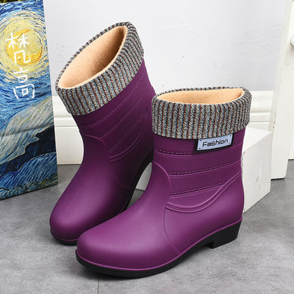 New fashion rain boots Women's Mid-calf warm rain boots non-slip water shoes work rubber shoes adult cotton-padded water boots overshoes
