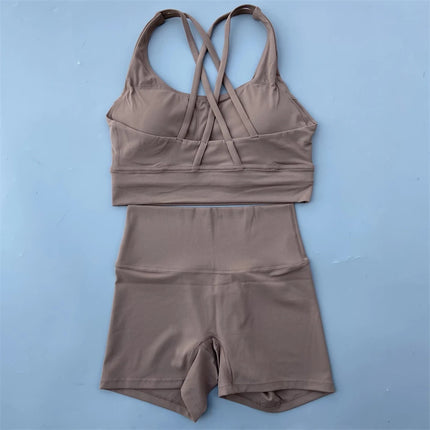 Women's Soft Nude Tight Yoga Shorts with Cut Out Back and Beautiful Back Cross Intimates Gym Yoga Set
