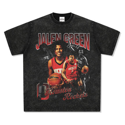 Jalen Green American Printed Long-Sleeved Short-Sleeved T-Shirt Washed and Distressed Heavy Loose Men's Clothing