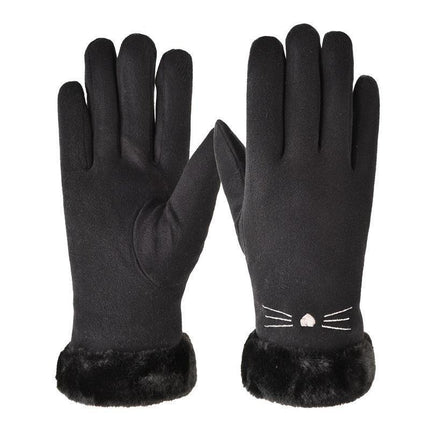 2025 Wholesale Cute Fur Touch Screen Warm Gloves Suede Women's Winter Plus Velvet Thickened Cycling Finger Gloves
