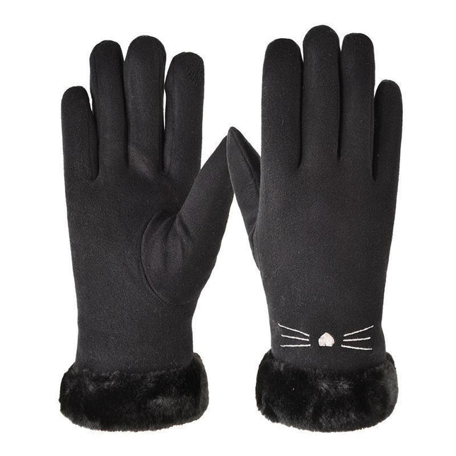 2025 Wholesale Cute Fur Touch Screen Warm Gloves Suede Women's Winter Plus Velvet Thickened Cycling Finger Gloves
