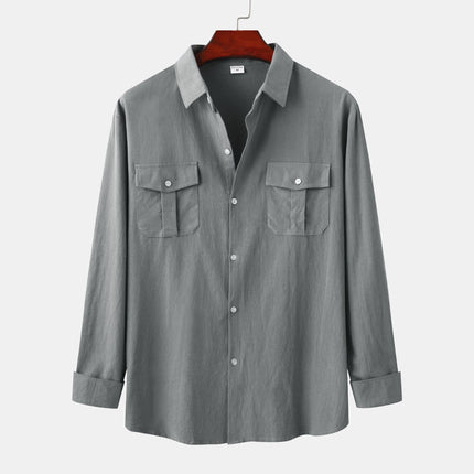 Cross-border foreign trade wholesale 2024 new autumn and winter men's cotton and linen solid color double pocket design men's long sleeve shirt men
