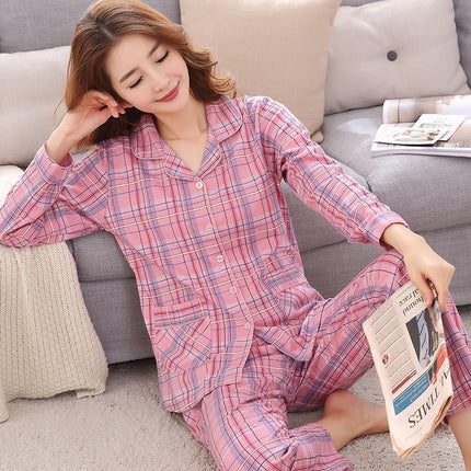 100% Pure Cotton Pajamas Women's Spring and Autumn Long Sleeve Large Size Cardigan Set for Middle-aged and Elderly Women Home Clothes