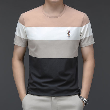 Mingdi Mouse Men's Summer New Pure Cotton T-Shirt Round Neck Stripesd Business Casual Short-Sleeved Young and Middle-Aged Men's T-Shirt