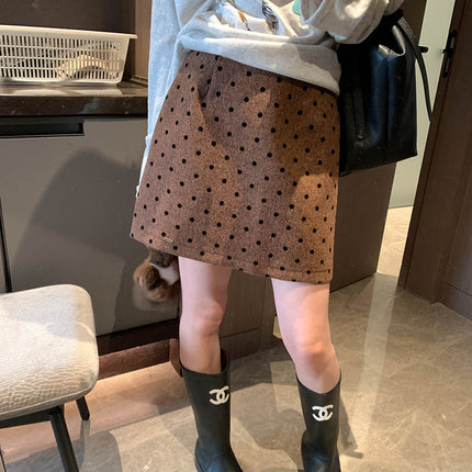 Mochie Street Style Pear-Shaped Figure High-Waisted A-Line Slimming Polka Dot Woolen Short Skirt Mq0813