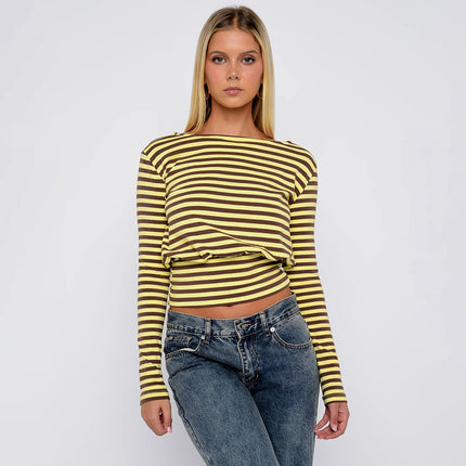 Q25Tp293 European and American Export Women's Autumn and Winter New Casual Fashion Stripesd Stylish Simple Long-Sleeved Waist Top