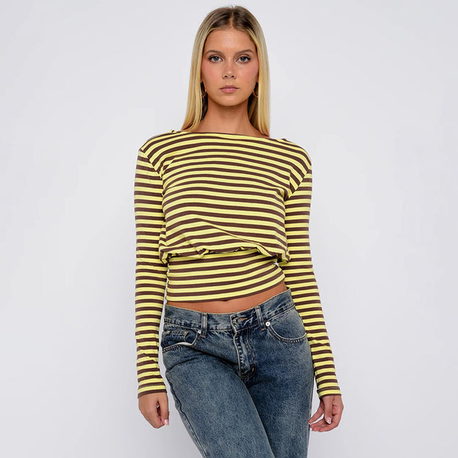 Q25Tp293 European and American Export Women's Autumn and Winter New Casual Fashion Stripesd Stylish Simple Long-Sleeved Waist Top