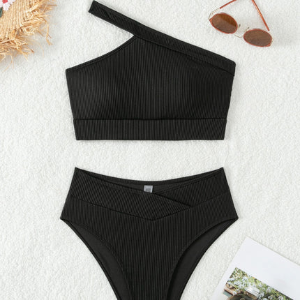 2025 New Bikini Cross-Border European and American Foreign Trade Solid Color Ribbed One-Shoulder High-Waisted Sexy Bikini Swimsuit Swimwear