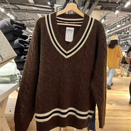 Brandy Knitted Sweater Women's Fresh Casual Versatile Fashionable V-Neck Cotton Elegant Cable Age-Reducing Long Sleeves