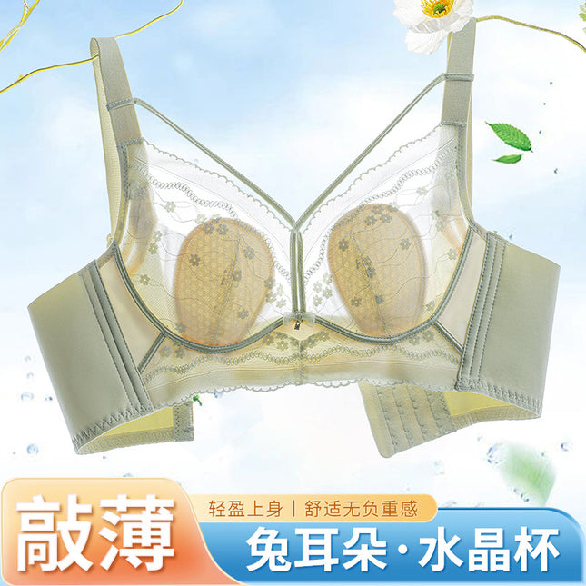 Sexy Ultra-thin Rabbit Ears Lace Crystal Cup Thin Bra Push-up Breathable Large Chest Small Adjustable Women's Underwear