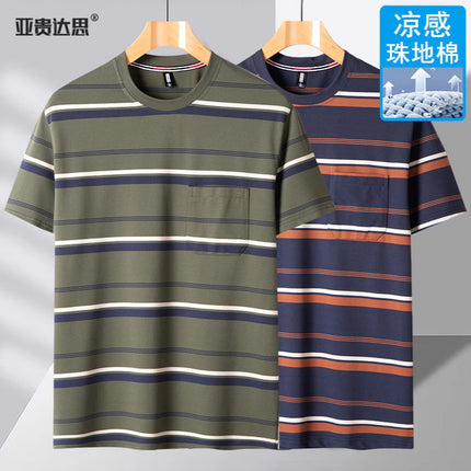 Dad summer striped short sleeve T-shirt new middle-aged men's round neck pocket loose middle-aged plus size top