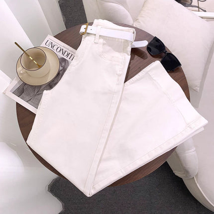 White Stretch Wide-Leg Jeans for Women 2025 Autumn New Petite Loose Slimming Drapey Flared Floor-Length Pants