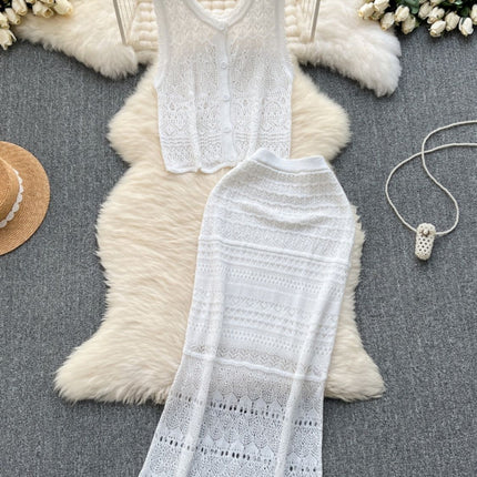 Korean Style Outfit with Elegant and Light Hollow Knitted Cardigan Vest and High-Waisted Half Skirt Holiday Style Two-Piece Set