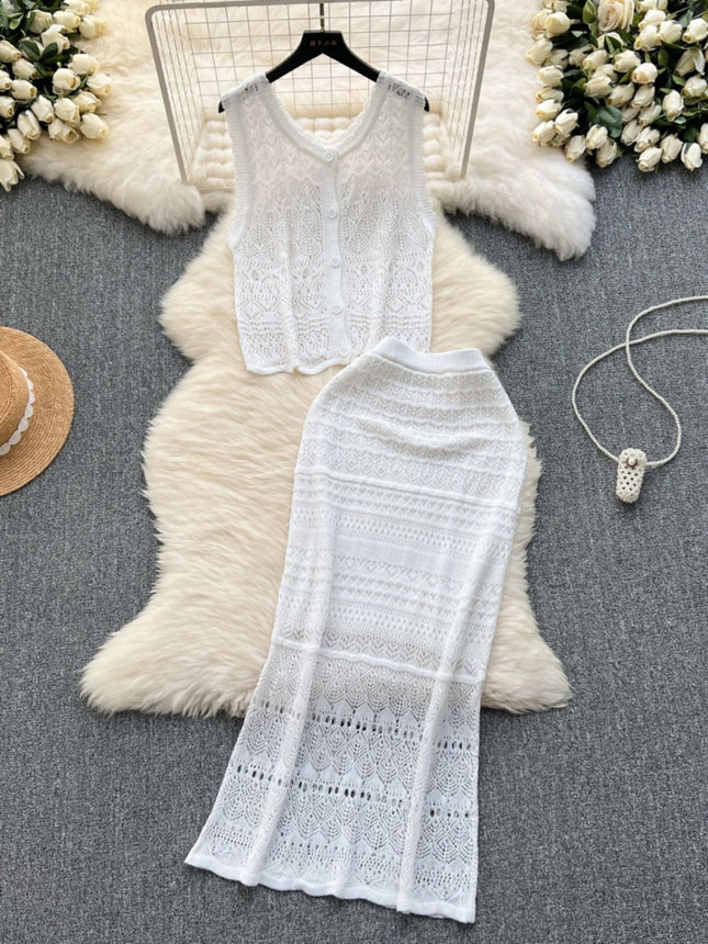 Korean Style Outfit with Elegant and Light Hollow Knitted Cardigan Vest and High-Waisted Half Skirt Holiday Style Two-Piece Set
