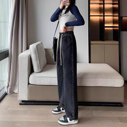 Plus Size Elastic Waist Wide Leg Jeans for Women, Trendy and Versatile High Waist Drawstring Design, Loose and Slim Straight Pants