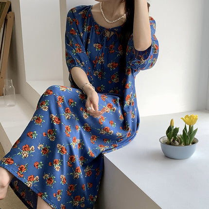 Mishiti Cotton Silk New Chinese Style Short-Sleeved Nightgown for Women, Summer Thin Style, National Style Cotton Silk Home Wear, Can Be Worn Outside