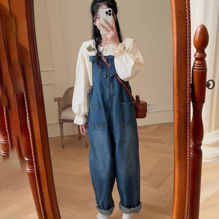 Overalls Suit, a Complete Set of New Autumn Fashion Design Doll Collar Denim Overalls Two-Piece Set