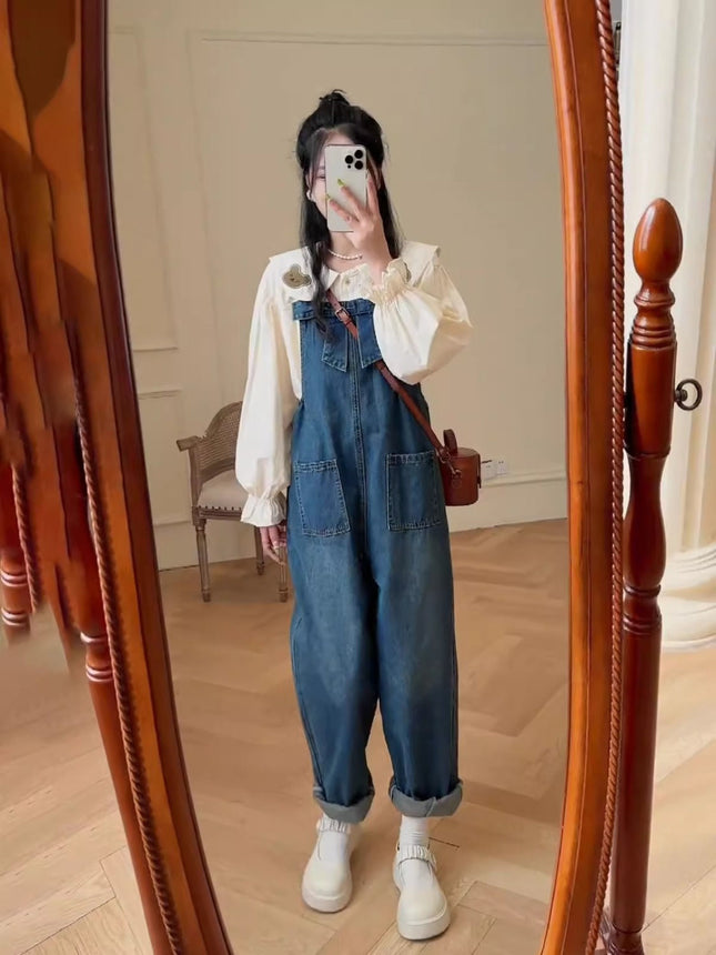 Overalls Suit, a Complete Set of New Autumn Fashion Design Doll Collar Denim Overalls Two-Piece Set