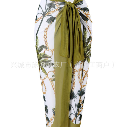 European and American Explosions Coconut Tree Twist One-piece Swimsuit Women's Two-piece Belly-covering Sexy Belt Mesh Skirt Foreign Trade OEM