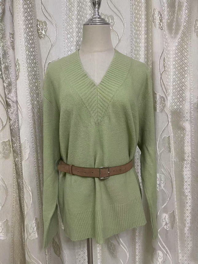 Ruohan with light green V-neck long sleeve sweater women's 2025 new design feeling lazy wind loose sweater