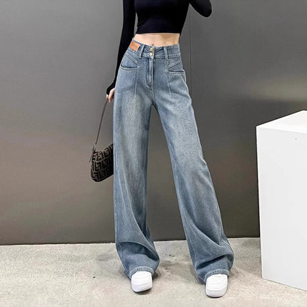 Vintage Blue Jeans for Women, Thin Style, Summer 2025 New Model, Petite Loose Straight Wide-Leg Floor-Length Pants