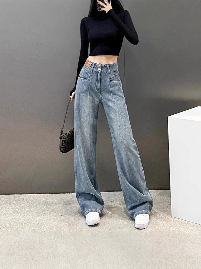Vintage Blue Jeans for Women, Thin Style, Summer 2025 New Model, Petite Loose Straight Wide-Leg Floor-Length Pants