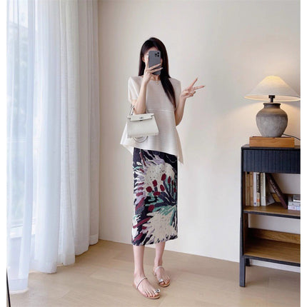 Miyake Pleated Irregular Top Gorgeous Fireworks Printed Opening Midi Skirt Heavy Industry Pleated Straight Skirt Women