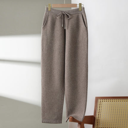 New Pure Wool Leggings Women's Fashion Casual Thickened Knitted Pants Solid Color Lace-up Sesame Dot Outer Pants Trousers