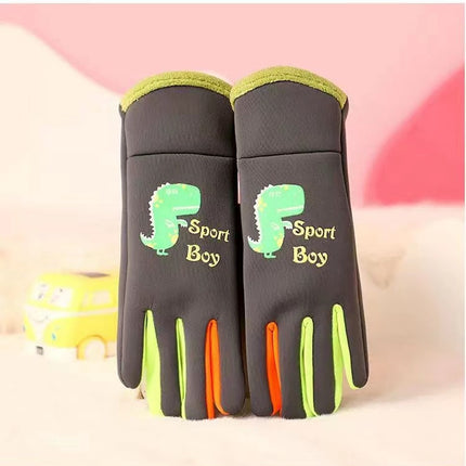 Ollie Velvet Children's Little Dinosaur Warm Non-Slip Five-Finger Outdoor Sports Cold-Proof Gloves for Baby Winter Adventure
