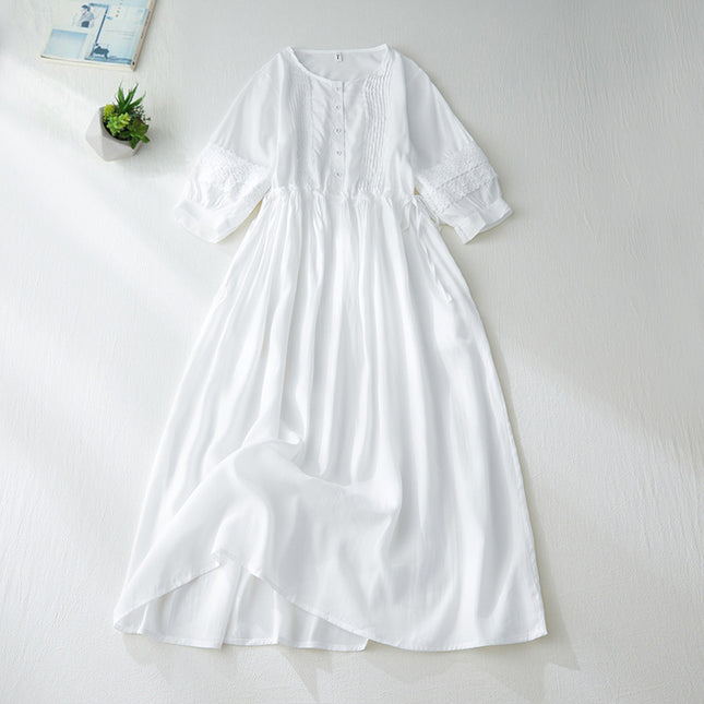 Organ Pleated Solid Color Cotton and Linen Dress for Women, New Autumn Style, Loose Fit, Slimming, Small Stand Collar, Three-Quarter Sleeves, Flowing Long Dress