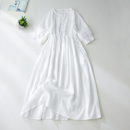 Organ Pleated Solid Color Cotton and Linen Dress for Women, New Autumn Style, Loose Fit, Slimming, Small Stand Collar, Three-Quarter Sleeves, Flowing Long Dress