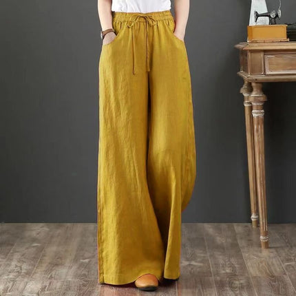 2024 Spring/Summer Literary Cotton and Linen Feel Women's Loose Plus Size Wide-Leg High-Waisted Floor-Length Pants