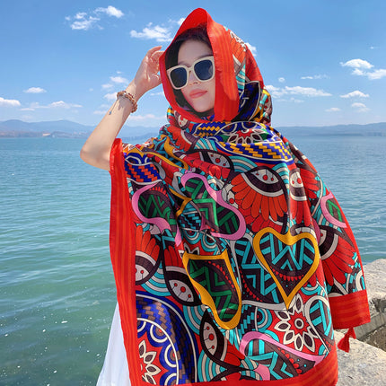 Ethnic Style Printed Silk Scarf Women's Seaside Travel Sun Protection Gauze Air Conditioning Warm Scarf Versatile Long Shawl